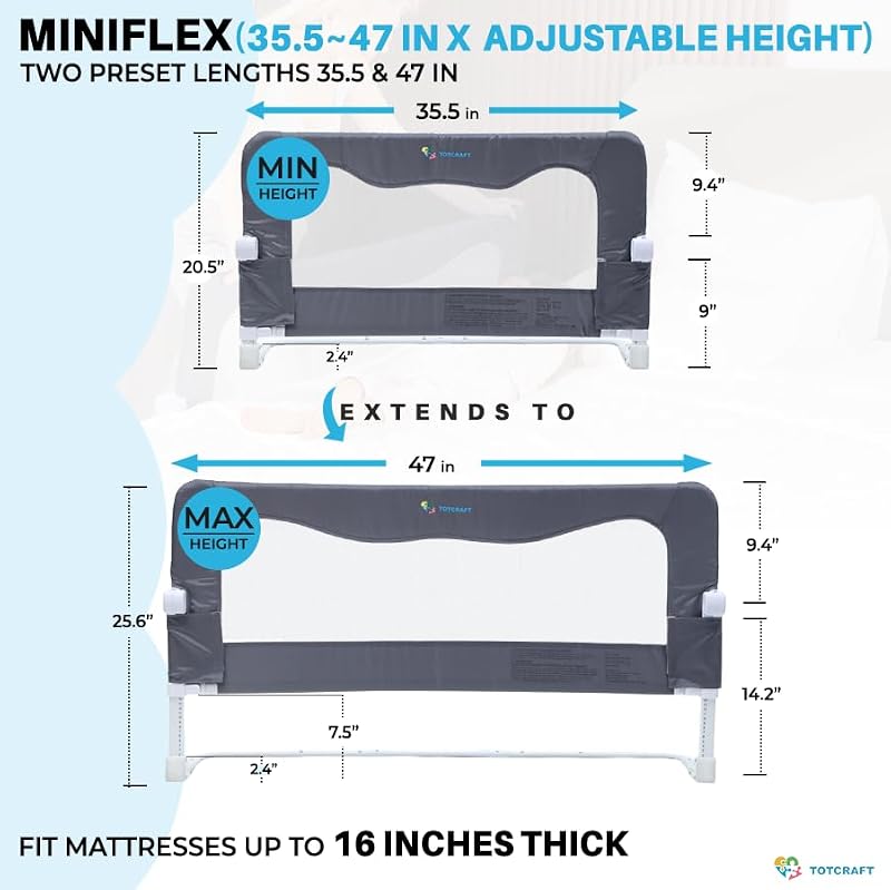 Toddler Bed Rail Guard - Adjustable Fit for Twin, Full, Queen & King Beds - Grey / 35.5"-47" L x 20.5"-25.6" H - ASTM Certified Safety