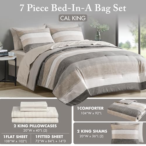 King Comforter Set Bed in a Bag - Modern Stripes, Taupe/Grey, 7 Piece California King