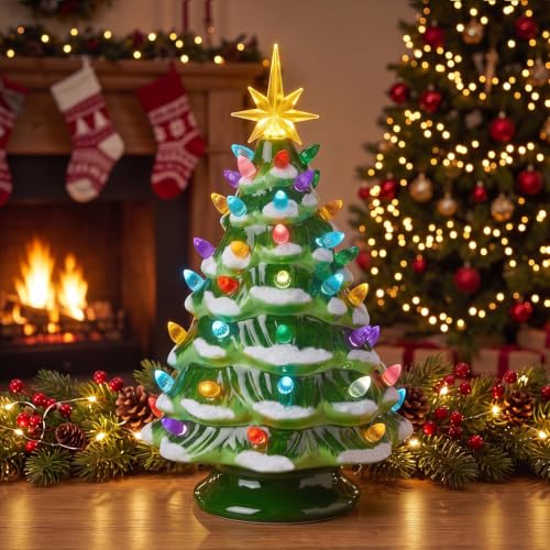 Snow-Flocked 13in Brightown Pre-lit Ceramic Christmas Tree, Battery Powered | Snow-flocked Variant