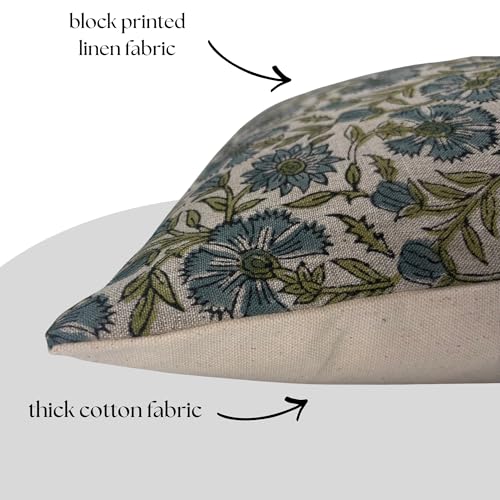 Spring Blue and Green Linen Throw Pillow Cover 20x20 Inch - Set of 1