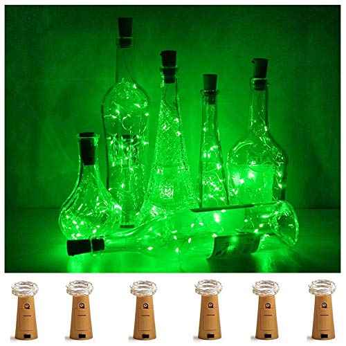 Wine Bottle Lights with Cork, 6 Pack Battery Operated 15 LED Cork Shape Silver Wire Colorful Fairy Mini String Lights for DIY, Party, Decor, Christmas, Halloween,Wedding (Green)