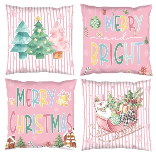 Pink Christmas Pillow Covers Set of 4 18x18 Holiday Watercolor Decor