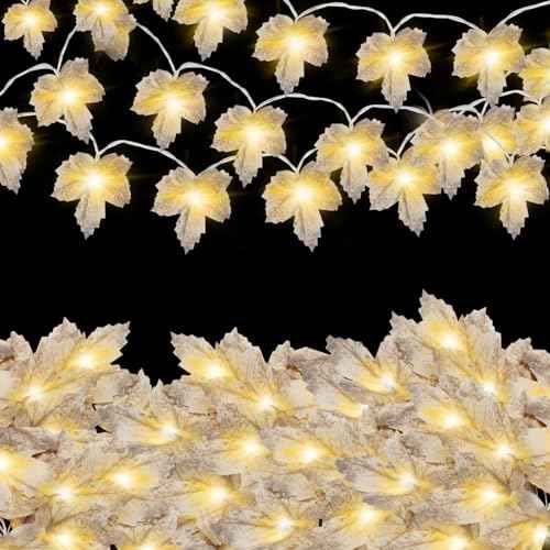 Fall Leaf Garland with Lights Decoration - 2 Pack Thanksgiving Gray Fall String Light Battery Operated Total 20 Ft 40 LED Lamp Bead 40 Dried Leaf Suitable Indoor Outdoor Home Harvest Festival Wreath