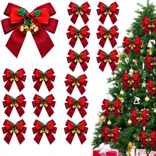 18 Pcs Christmas Bows Set with Jingle Bells for Tree Gift Wrapping & Decorations
