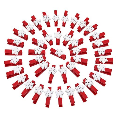50pcs Mini Clothes Pins for Photo Christmas Tree Decoration White Wooden Heart Star Small Clothespins Picture Hanger Display Clips with String (Red Snow, 50 Pcs)