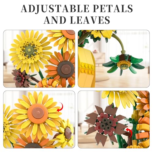 BrickTribe Dual Flower Bouquet Building Set with Vase - Sunflowers & Roses, Creative Home Decor Gift for Women & Adults