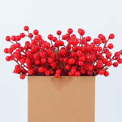 Artificial Red Berry Picks, Holiday Christmas Winter Decorative Stems, 24 Pieces