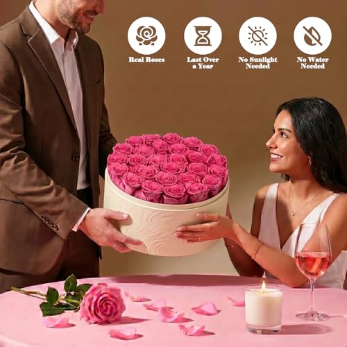 Pink Preserved Roses in Round Box - 27 Real Flowers Gift for Her