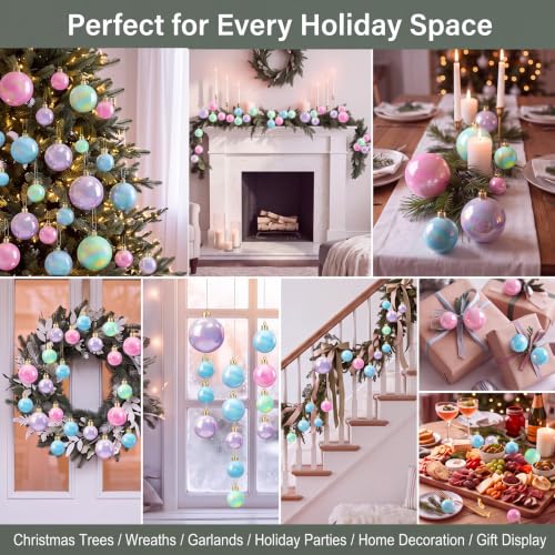 Civaner Pastel Candy Christmas Ball Ornaments 52-Pack, 4 Sizes, Plastic