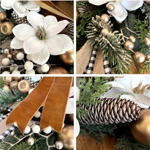24-Inch Farmhouse Christmas Wreath with Magnolia & Pine | Buffalo Check Ribbon