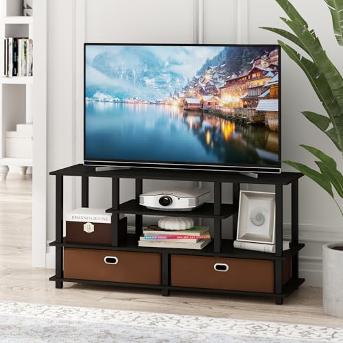 Furinno Jaya Black Espresso Toolless TV Stand for 55 Inch TVs, 4-Tier Media Console with 2 Fabric Bins