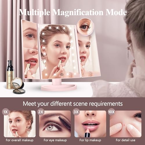 HUONUL Pink 2X/3X/10X Lighted Trifold Makeup Mirror with Adjustable Brightness