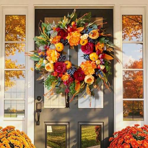 Artificial Fall Wreath for Front Door with Burgundy Roses & Orange Peony - 24 Inch