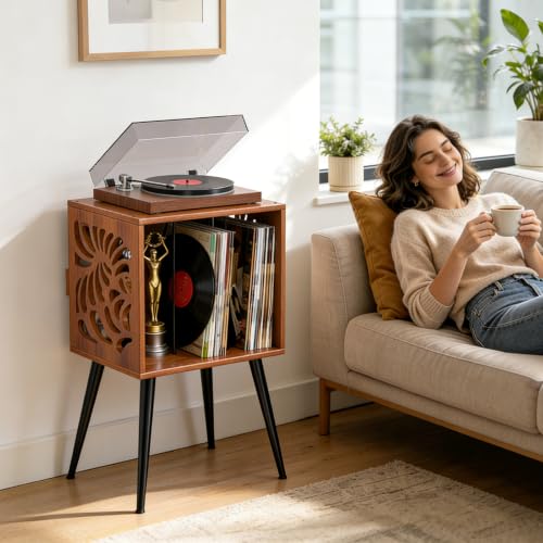 Vinyl Record Storage Stand with Space for 100+ Albums and Turntable Shelf