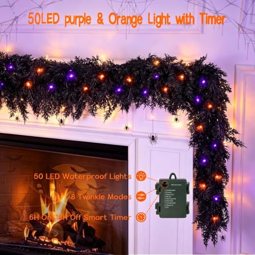 Black Halloween Cedar Garland - 9ft Faux Foliage with Purple Lights - Variation of THIS listing
