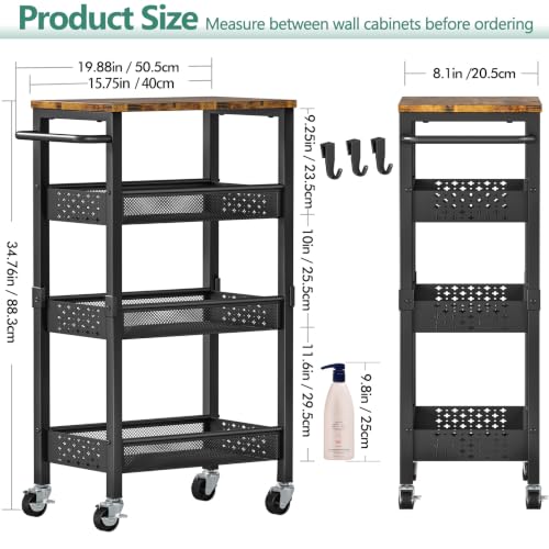 Vivihomety 4-Tier Metal & Wood Slim Rolling Laundry Cart - Black, 8.1 Inch Wide