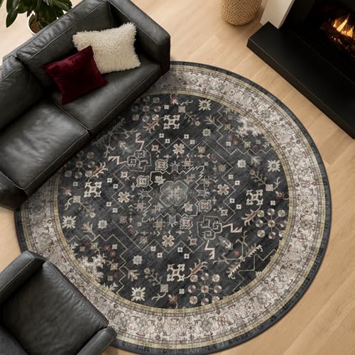Ashen Black Boho Round Rug 6ft - Washable Vintage Circular Carpet for Living Room