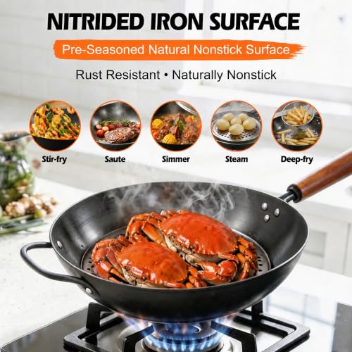 13-Inch Carbon Steel Wok Pan with Glass Lid, Flat Bottom, Pre-Seasoned, Nitrided Technology
