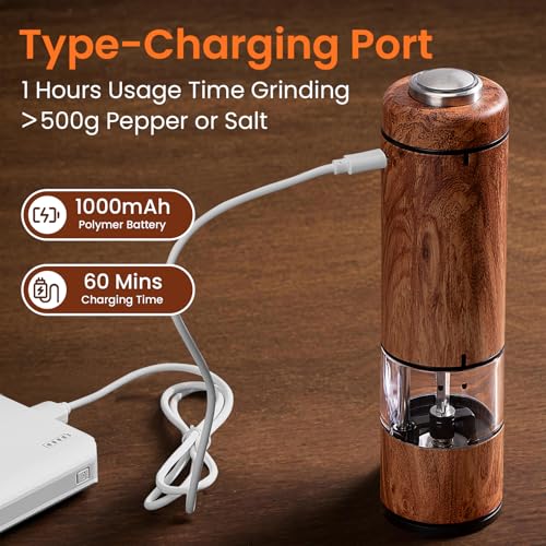 Rechargeable Electric Salt and Pepper Grinder Set with Adjustable Coarseness - Wood Grain