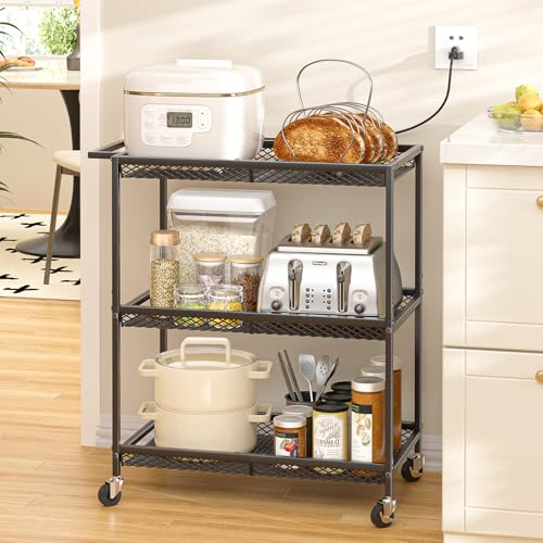 ThreeHio Black 3-Tier Heavy Duty Rolling Kitchen Cart with Locking Wheels