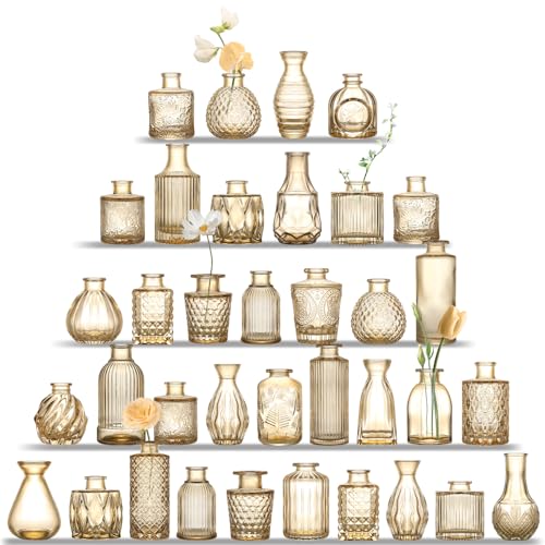 UPBUD Gold Glass Bud Vases Set of 36 - Mini Amber Flower Vases for Centerpieces & Decor (Standard-Gold Amber)