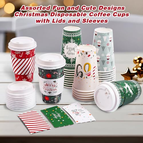 50 Pack Christmas Coffee Cups with Lids & Sleeves, 16 oz - Five Designs, 10 Each - Bapmnicc