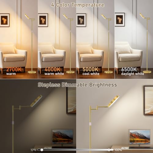 Antique Brass Gold LED Floor Lamp with Remote, Adjustable Height & Dimmable Light