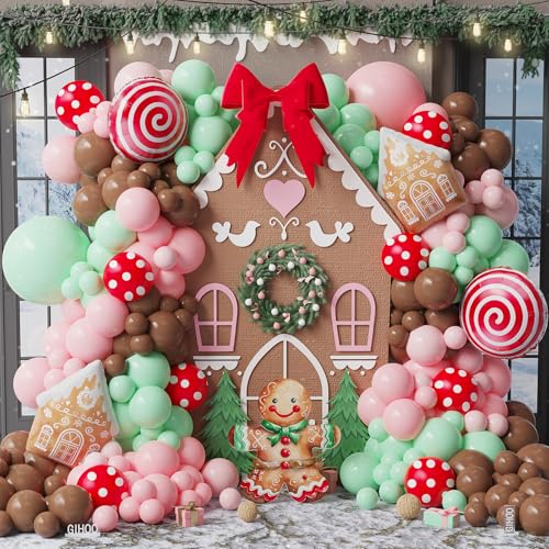 GIHOO Red Brown Christmas Gingerbread Balloon Arch Kit 146pcs Holiday Decor