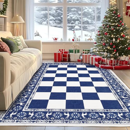 GarveeHome Blue 4' x 6' Checkered Christmas Rug, Non-Slip Washable Area Rug for Living Room