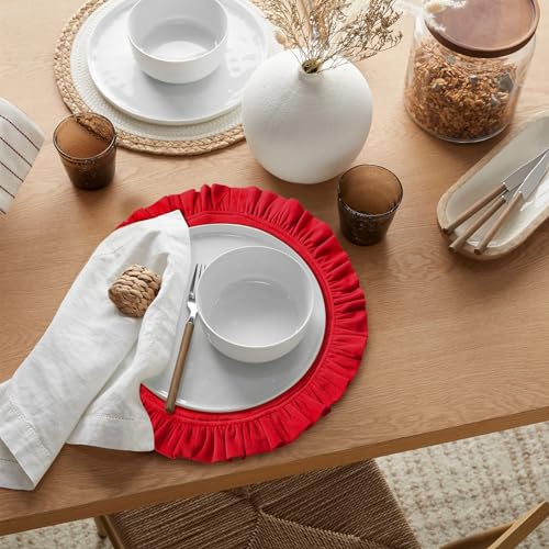 15 Inch Velvet Ruffle Placemat Set of 4, Red - Non-Slip Washable Dining Table Decor