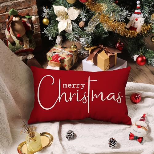 Christmas Pillow Covers Merry Christmas Throw Pillow Decorative Christmas Red Cotton Cloth Linen Cloth Pillow Cover Sofa Cover Decorative Rectangle Length 12X20 inches