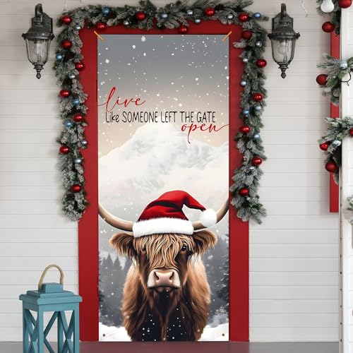 E-Christmas Cow Door Cover - Funny Highland Cow Holiday Door Banner for Indoor Outdoor Decor