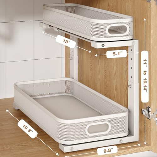 Biboraya 2 Pack Under Sink Organizer White - 19.3-inch Depth, 2-Tier Pull-Out Storage, Height Adjustable, Rust-Resistant Kitchen & Bathroom Cabinet Organizer