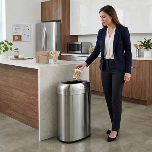 Silver 13 Gallon Open Top Trash Can - Oval Stainless Steel Waste Bin with Odor Filters