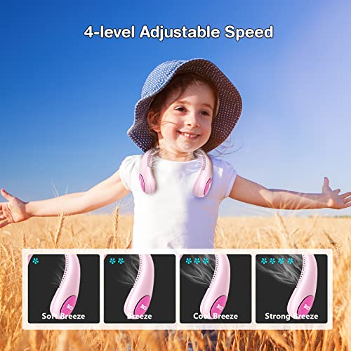Pink Kids Neck Fan Portable Bladeless Cooling Fan for Children 4-14Y, USB Rechargeable, 4 Speeds, Lightweight Summer Gift