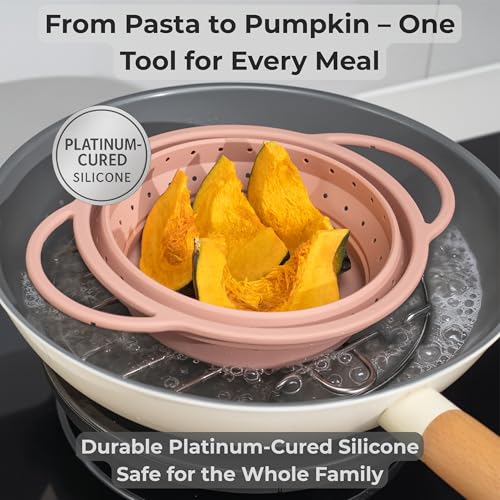 Collapsible Silicone Colander Set with Stainless Steel Rim 3 Pack - Space Saving Kitchen Strainers