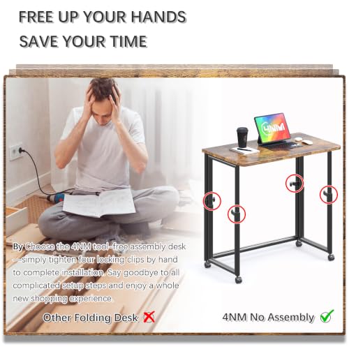 4NM 31.5-Inch No Assembly Folding Portable Adjustable Height Desk - Rustic Brown & Black