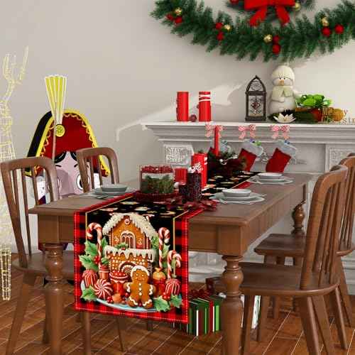 Merry Christmas Table Runner Christmas Gingerbread Tablecloth Christmas Xmas Winter Holiday Decorations and Supplies for Home Kitchen Table-13¡¿72''