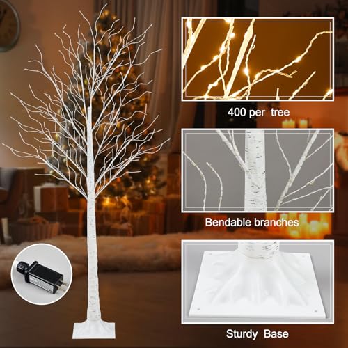 Aurelema 2 Pcs 5ft Lighted Birch Tree with 400 LEDs Warm White - 8 Modes, Timer