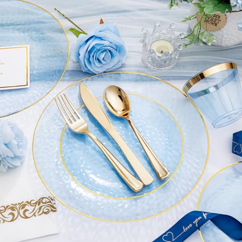 DaYammi 350pcs Clear Blue Plastic Dinnerware Set for 50 Guests - Includes Plates, Utensils, Cups & Napkins