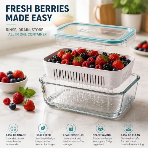Glass Fruit & Berry Storage Containers Set with Removable Colanders and Vent Lids - 5 Pack, Multiple Sizes