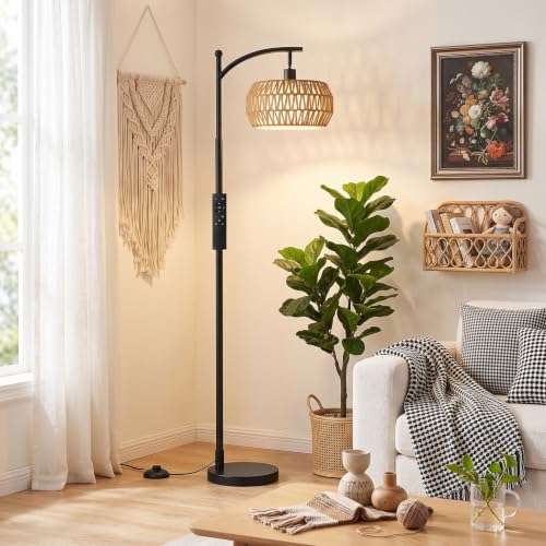 Ambimall Black Bohemian Arc Floor Lamp with Rattan & Linen Shades, Remote Control