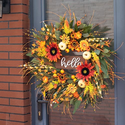 Fall Sunflowers Wreath - 24 Inch Artificial Fall Front Door Decor with Hello Sign
