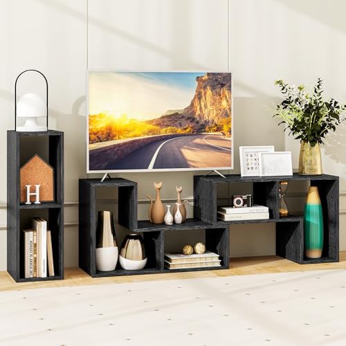 Tangkula Black Wood Grain 3-Piece TV Console Set for 50-65 Inch Flat Screen, DIY Media Storage