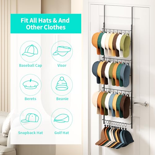 Black 4-Tier Over-the-Door Hat Organizer with 24 Hooks & 10 Clips - Fits 34 Caps