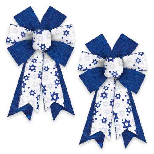 2 PCS Hanukkah Wreath Bows Chanukah Star of David Royal Blue White Ribbon Bows for Wreath, Medium Tree Topper Bows for Jewish New Year Party Home Indoor Outdoor Decoration Wreath Ornament Supplies