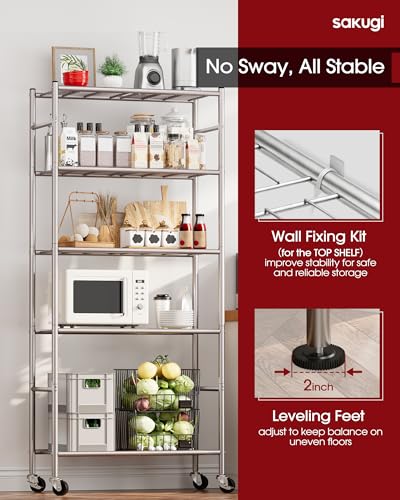 Sakugi 5-Tier Metal Storage Shelves with Wheels - Silver, 33.1 x 12.6 x 73.5 Inches