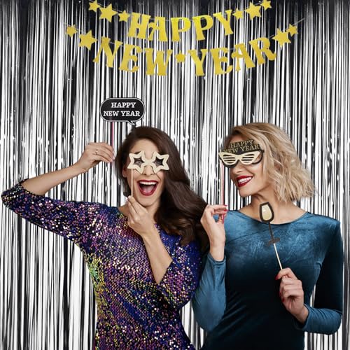 Melsan Halloween Party Decorations Tinsel Backdrop Streamers, Black Foil Fringe Curtains 3.2 ft x 8.2 ft for Halloween New Year Graduations Party Photo Booth Props Decorations, 2 Pack