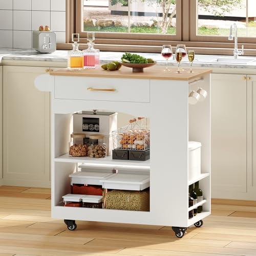 Mobile Kitchen Island Cart with Drawer and Shelves - White & Natural Finish