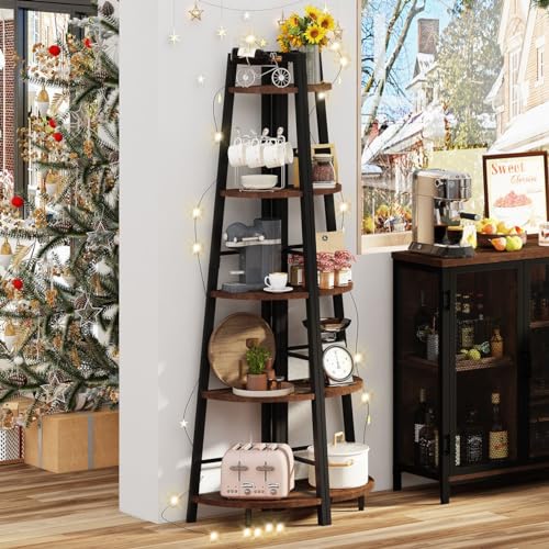 Corner Ladder Shelf Stand - 5-Tier Rustic Oak Corner Bookcase for Living Room & Office